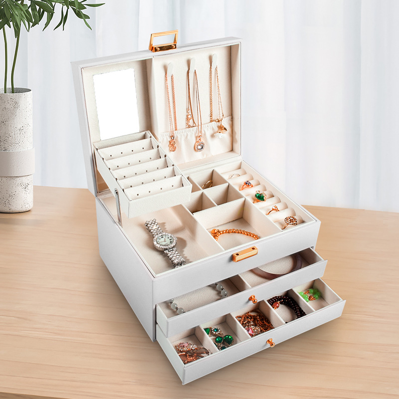 Multi-functional jewelry box, three-layer leather drawer-style jewelry, light luxury exquisite necklace, earrings and jewelry storage box pic 7