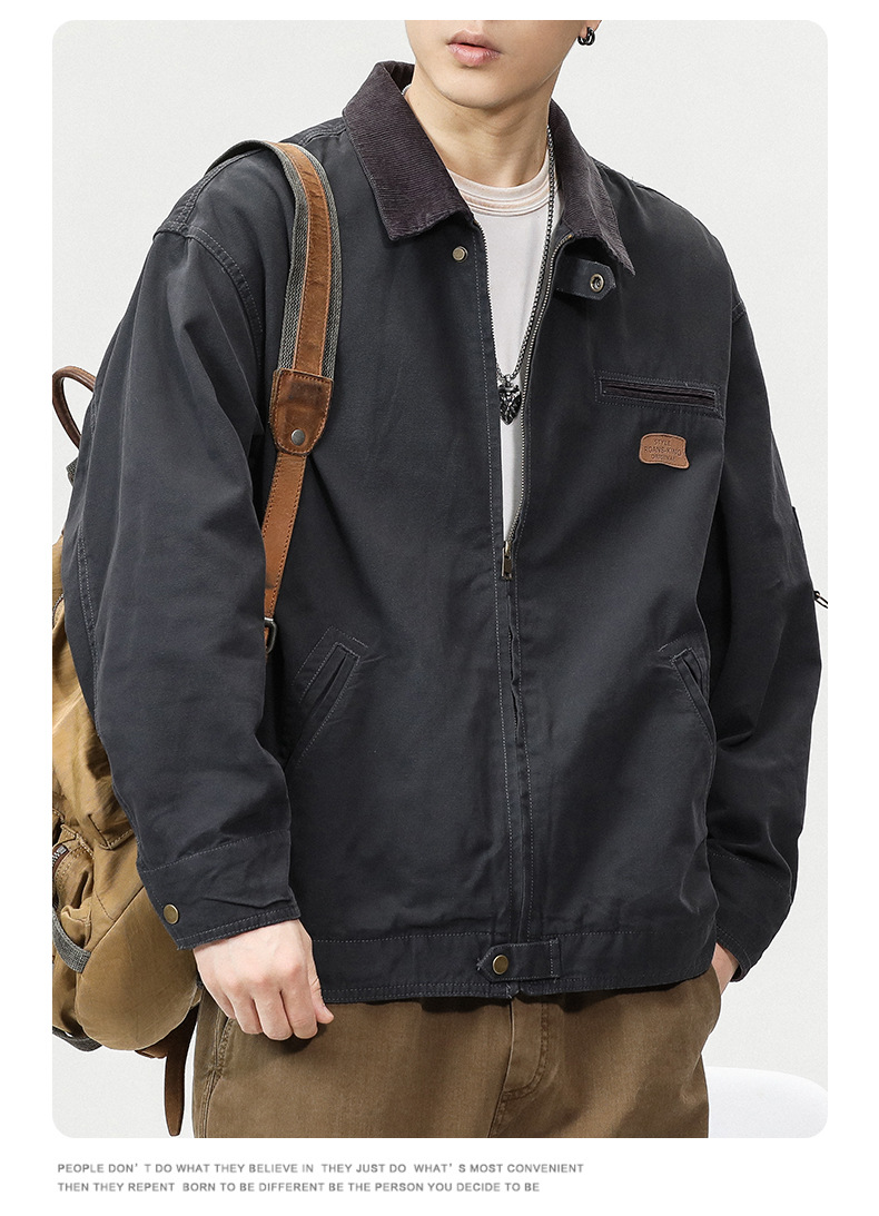 沐丘男装∣潮牌山系户外翻领宽松工装夹克男高级感珠帆布美式外套详情12