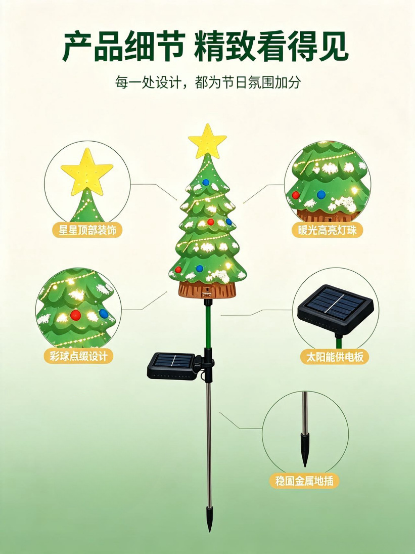 Christmas decorations, solar-powered Christmas ornaments, green Christmas tree shaped solar lighting fixtures, floodlights, outdoor energy-saving and environmentally friendly portable monitoring street lamps, lighting products pic 3