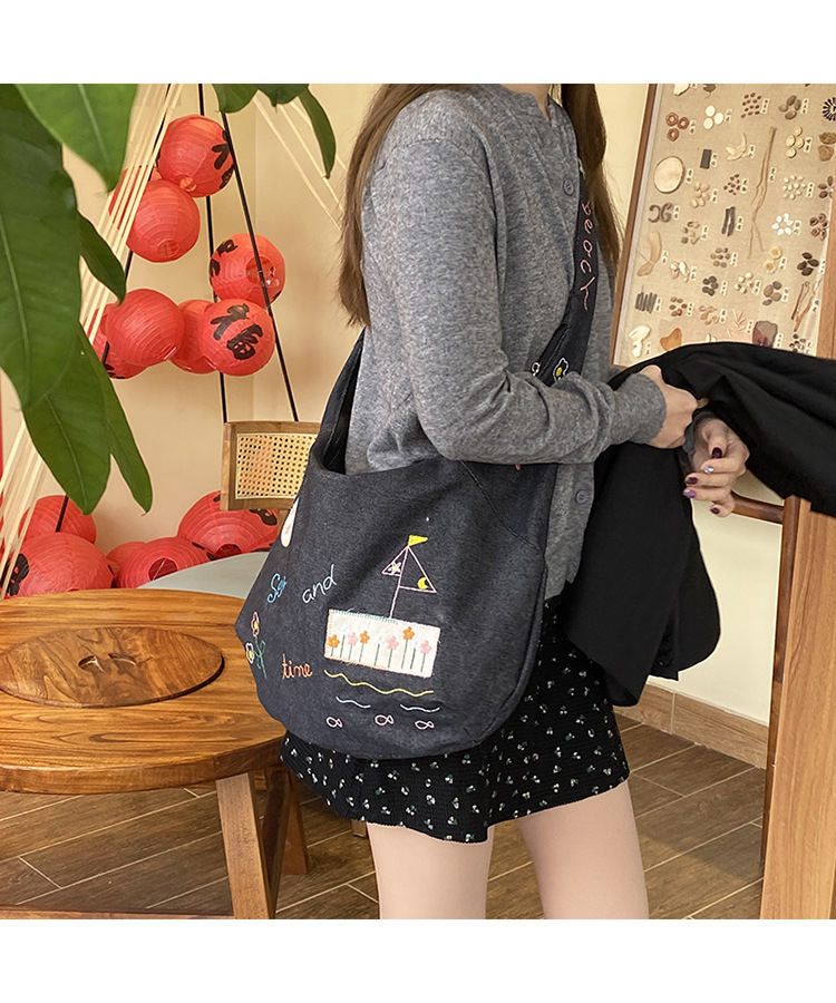 ins新款小插画牛仔斜挎包包女百搭大容量单肩包袋口拉链学生书包详情24