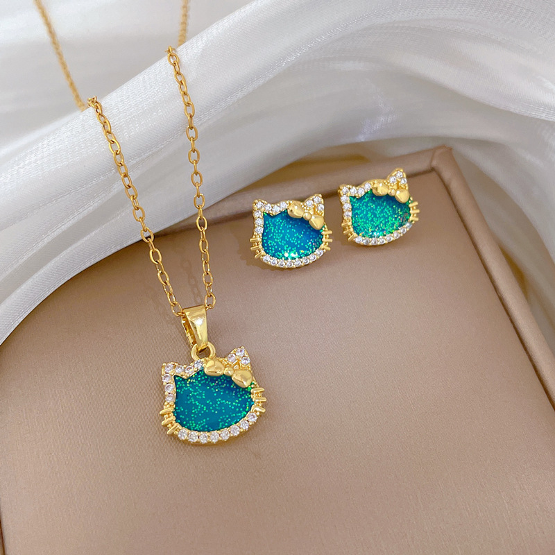 【钛钢】炫彩蝴蝶结猫咪轻奢气质华丽满钻项链女百搭锁骨钛钢链详情7