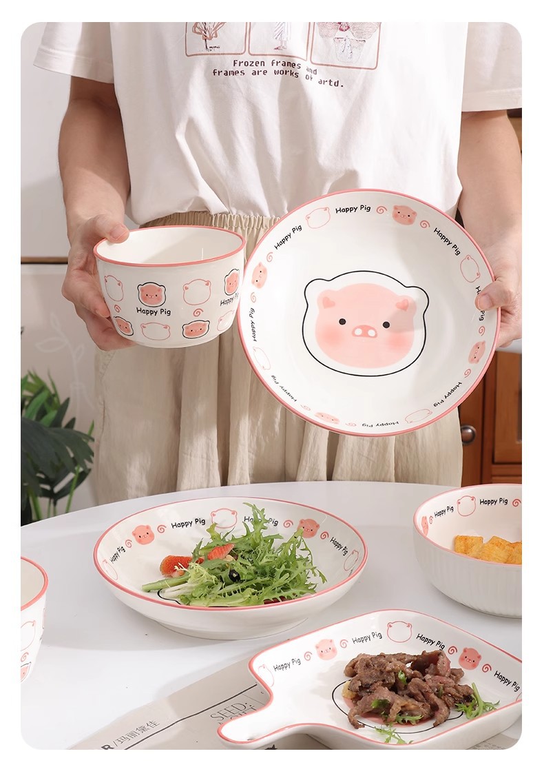 卡通可爱猪泡面碗家用高颜值陶瓷饭碗盘子新款釉下彩碗碟套装批发详情21