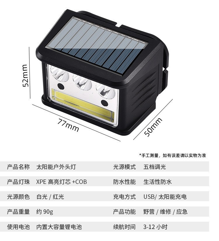 新款跨境太阳能COB充电头灯LED头戴式户外头灯超高亮钓鱼矿灯夜行详情19