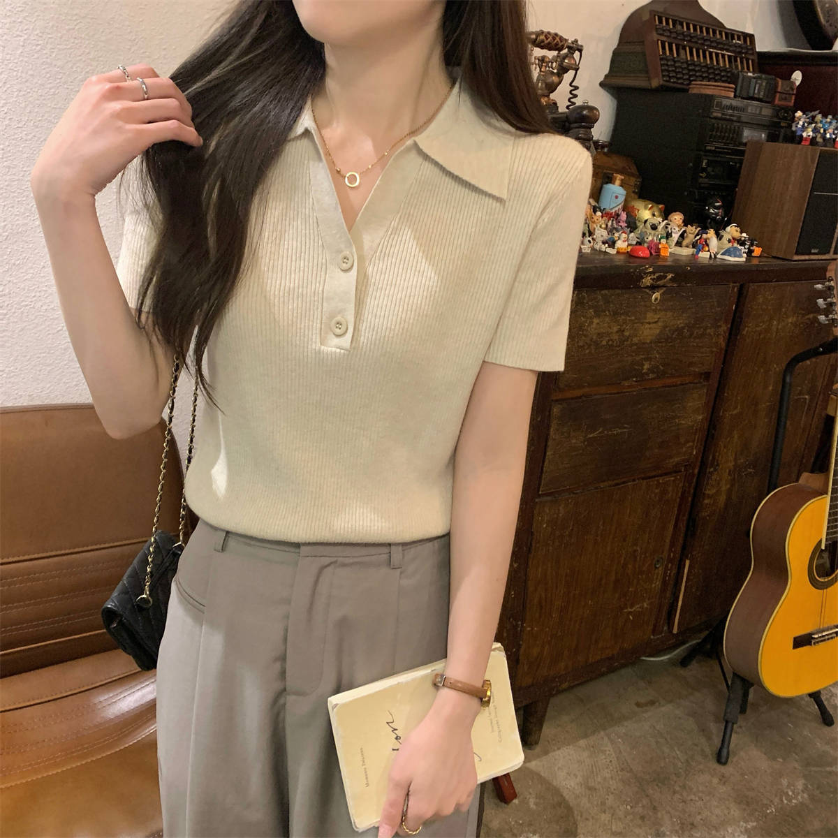 韩系坑条针织T恤夏季修身显瘦polo翻领正肩短袖女上衣气质打底衫详情17