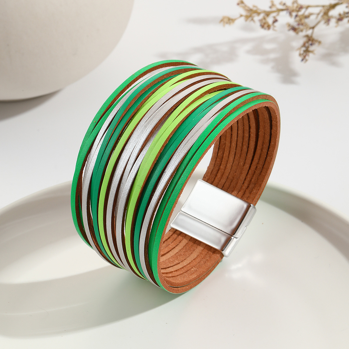 新款亚马逊多条渐变男手环皮绳混色百搭女士PU皮革皮手链磁扣手镯详情10