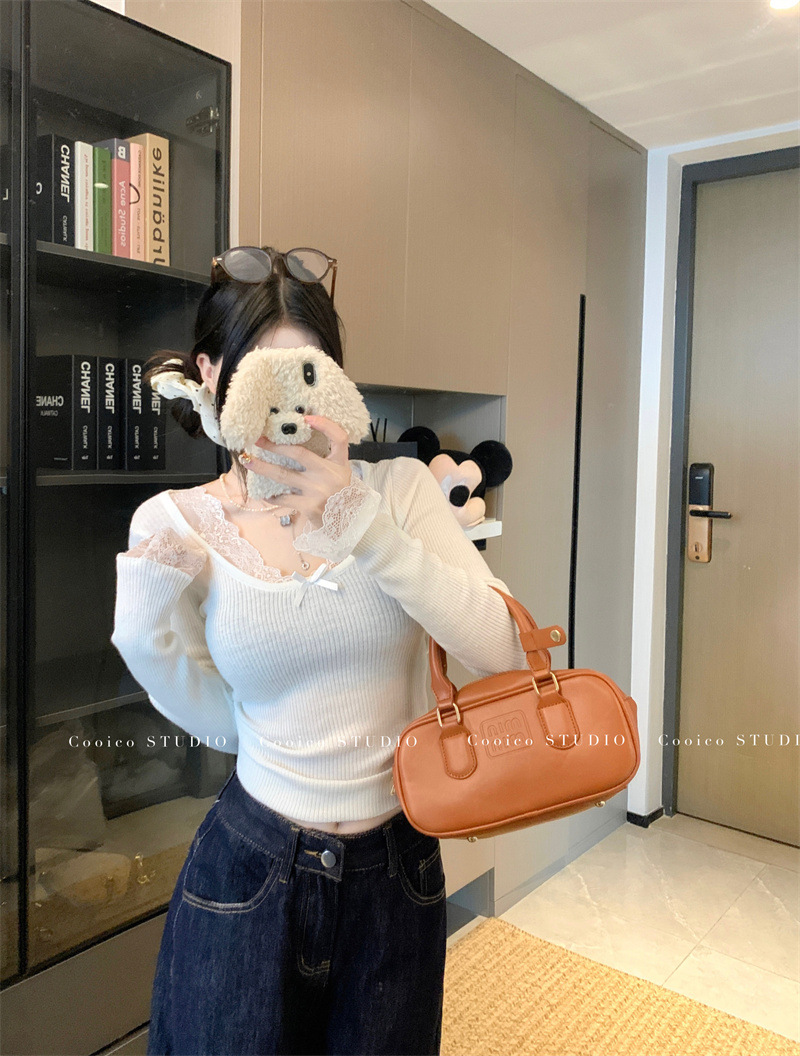 6035#复古蕾丝拼接针织衫新款修身显瘦纯欲风内搭打底长袖上衣女详情10