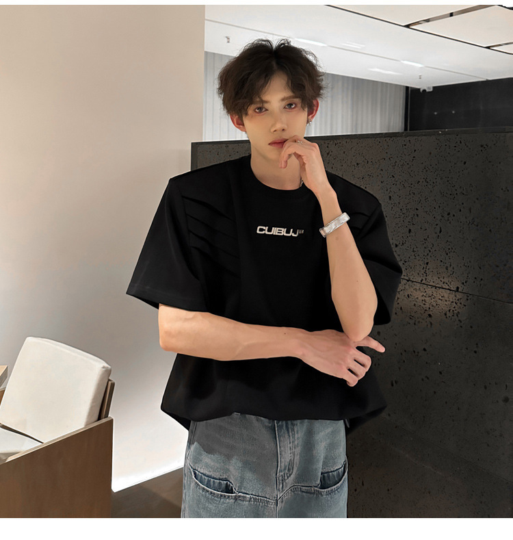 European and American high street original design sense T-shirt for men, multi-layered structure shoulder pad short-sleeved, summer American-style heavy half-sleeved pic 15