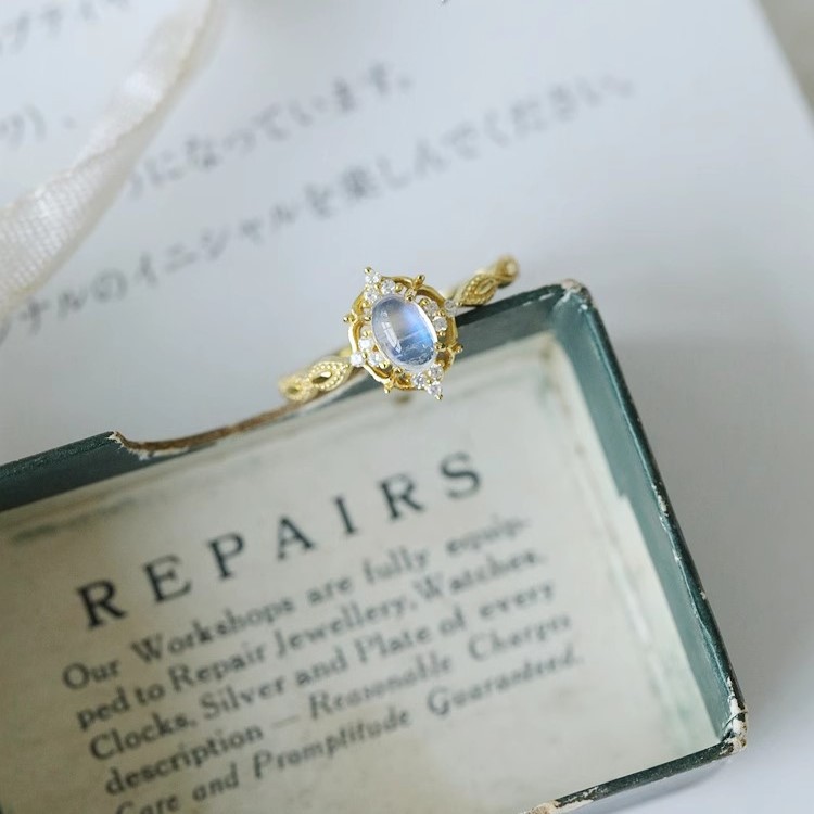 Moonstone plain ring for women, light luxury, niche and high-end feel, adjustable index finger ring, unique retro style open ring pic 5