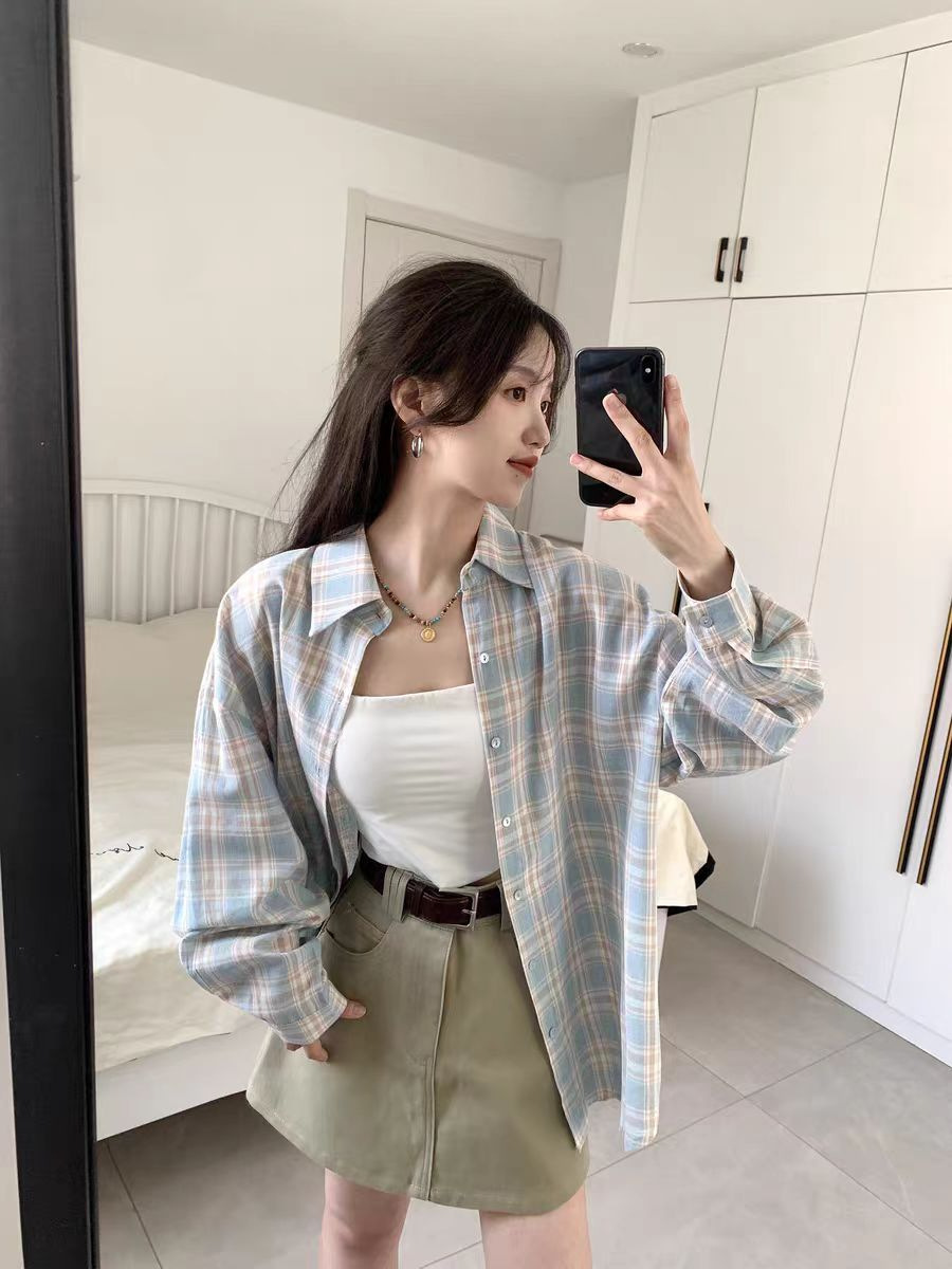 蓝白翻领长袖格子衬衫女秋夏宽松中长款小众衬衣休闲盐系防晒上衣详情5