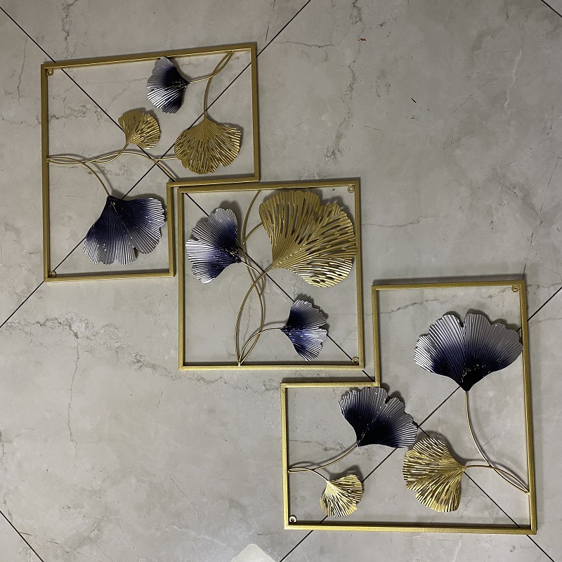 现代简约铁艺金属墙面挂画立体三联组合壁挂跨境热销装饰品银杏叶详情11