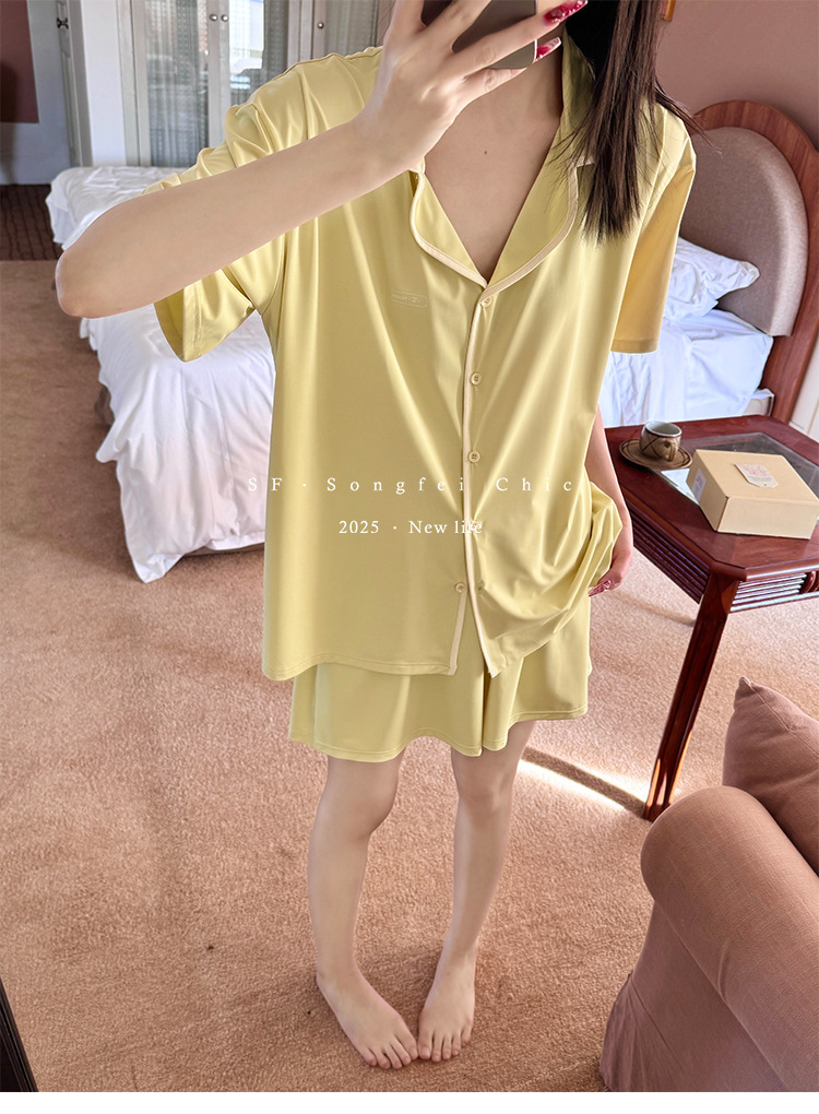 A two-piece set of casual wear for women in the original color ice leather, a summer pajama set with a cool and contrasting color, featuring new short-sleeved shirts and shorts pic 28