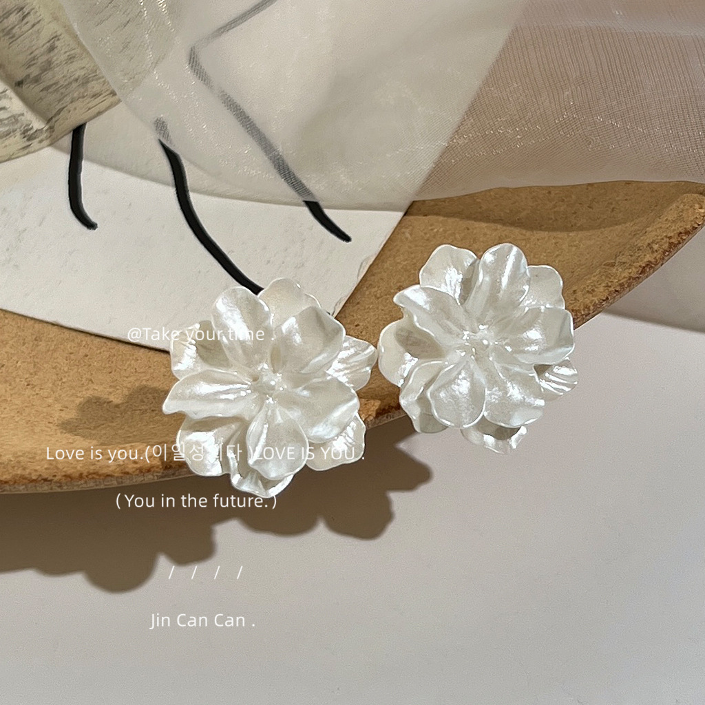 White pearl flower 925 silver needle camellia stud earrings, elegant and ethereal forest-style earrings, photo accessories pic 4