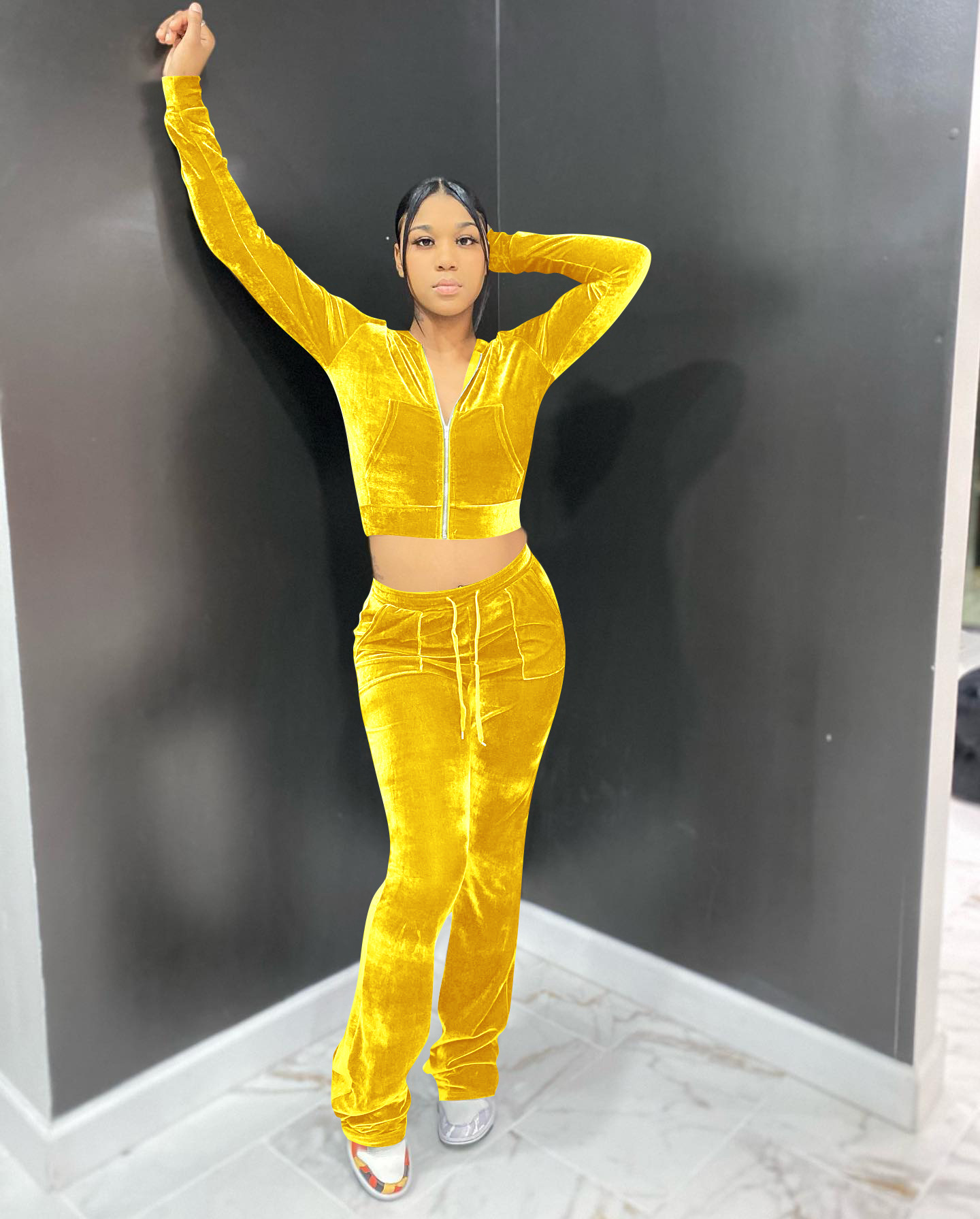 Solid color gold velvet wide-leg pants two-piece set pic 70