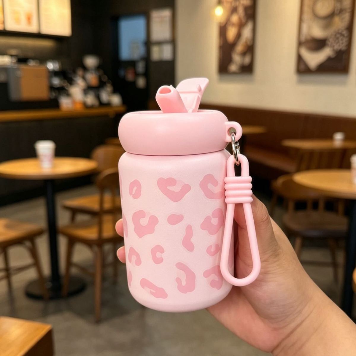 Thermos cups for girls, niche, high-appearure-level students, portable outdoor leopard print straw cups, stainless steel cups pic 12