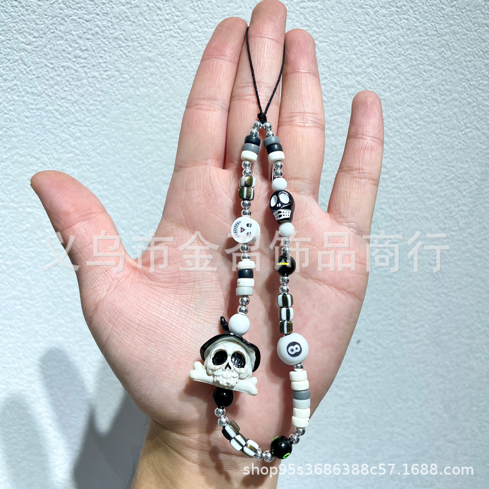 Halloween ins mobile phone chain Pumpkin ghost Skull Ghost face hand-painted mobile phone pendant, beaded keychain pendant pic 9