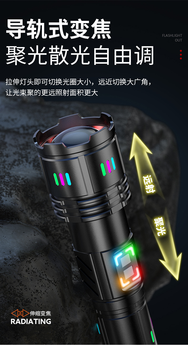 跨境新款铝合金强光手电筒爆亮大功率超大容量户外充电穿天炮手电详情5