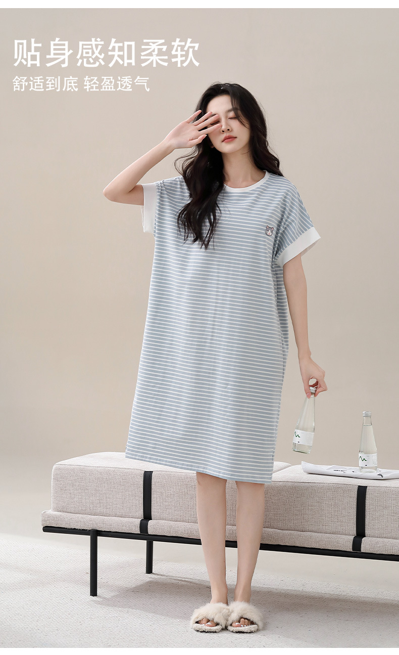 Pure cotton nightgown for women, summer short-sleeved mid-length dress, casual striped home wear for women, new thin style that can be worn over pajamas for women pic 8