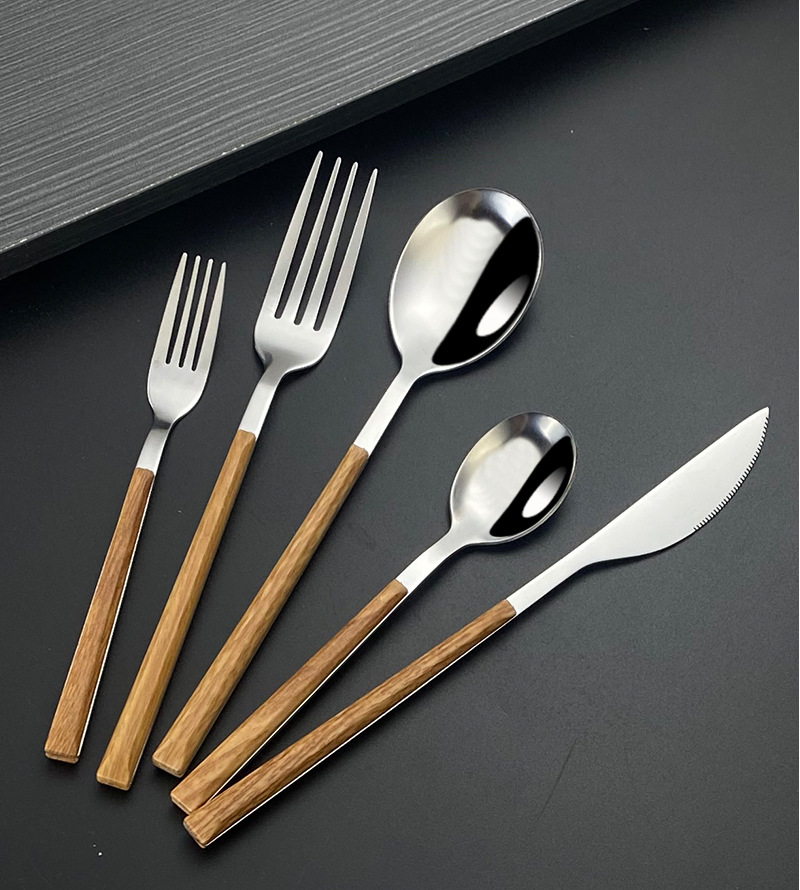 批发不锈钢仿木柄刀叉勺西餐餐具日式餐具牛排刀叉五件套木纹餐具详情14