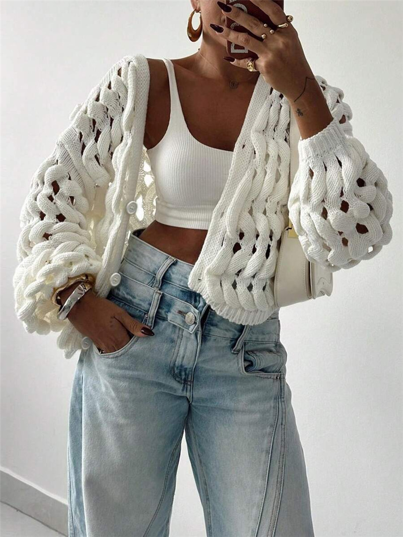 This cross-border Amazon knitted coat from Europe and America is a casual, hollowed-out button solid-color long-sleeved sweater with a strong sense of design pic 3