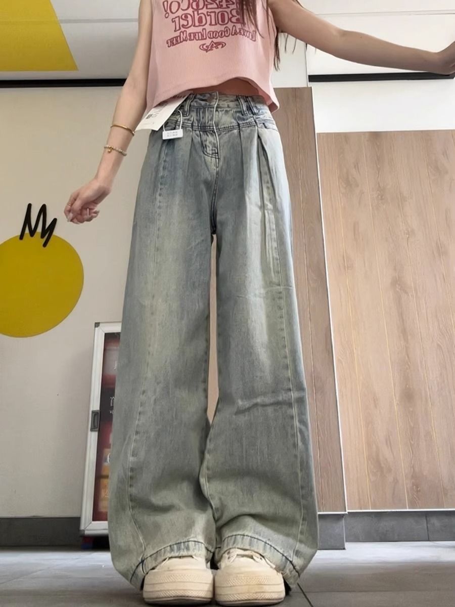 浅色复古阔腿高腰牛仔裤女秋季显瘦宽松大码胖拖地垂感直筒裤子XH详情3