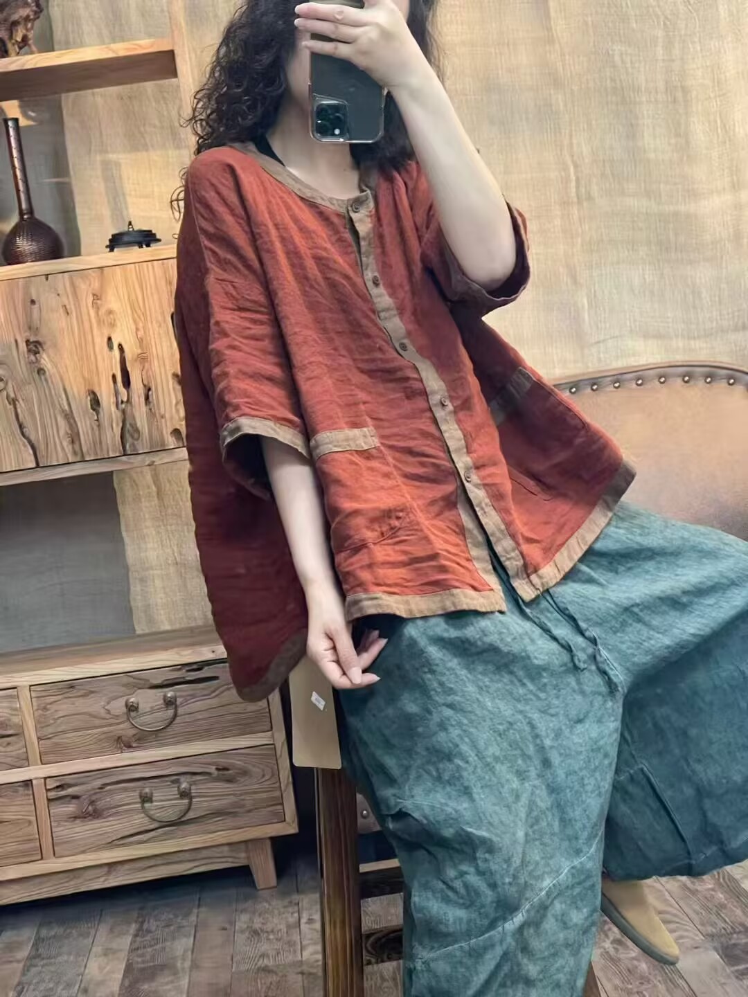 025夏款韩版时尚宽松休闲无领净版短袖衬衫女开衫详情2