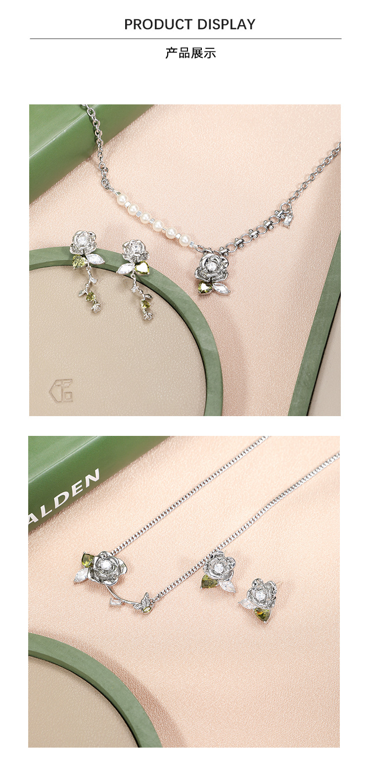 925 Silver Needle Green Leaf Rose Earrings with a Light luxury and high-end Feel for Autumn and Winter 2024 New Style, heart-shaped Zircon earrings pic 15