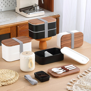 Japanese-style bamboo and wood lid double-layer plastic lunch box, microwave portable lunch box set, student and office worker lunch box pic 17