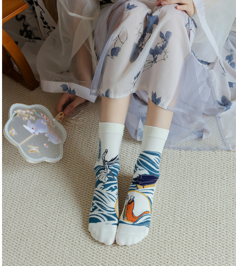 国潮袜子女原创设计古风水墨画AB鸳鸯女棉袜敦煌飞天白蛇传潮流中筒袜详情18