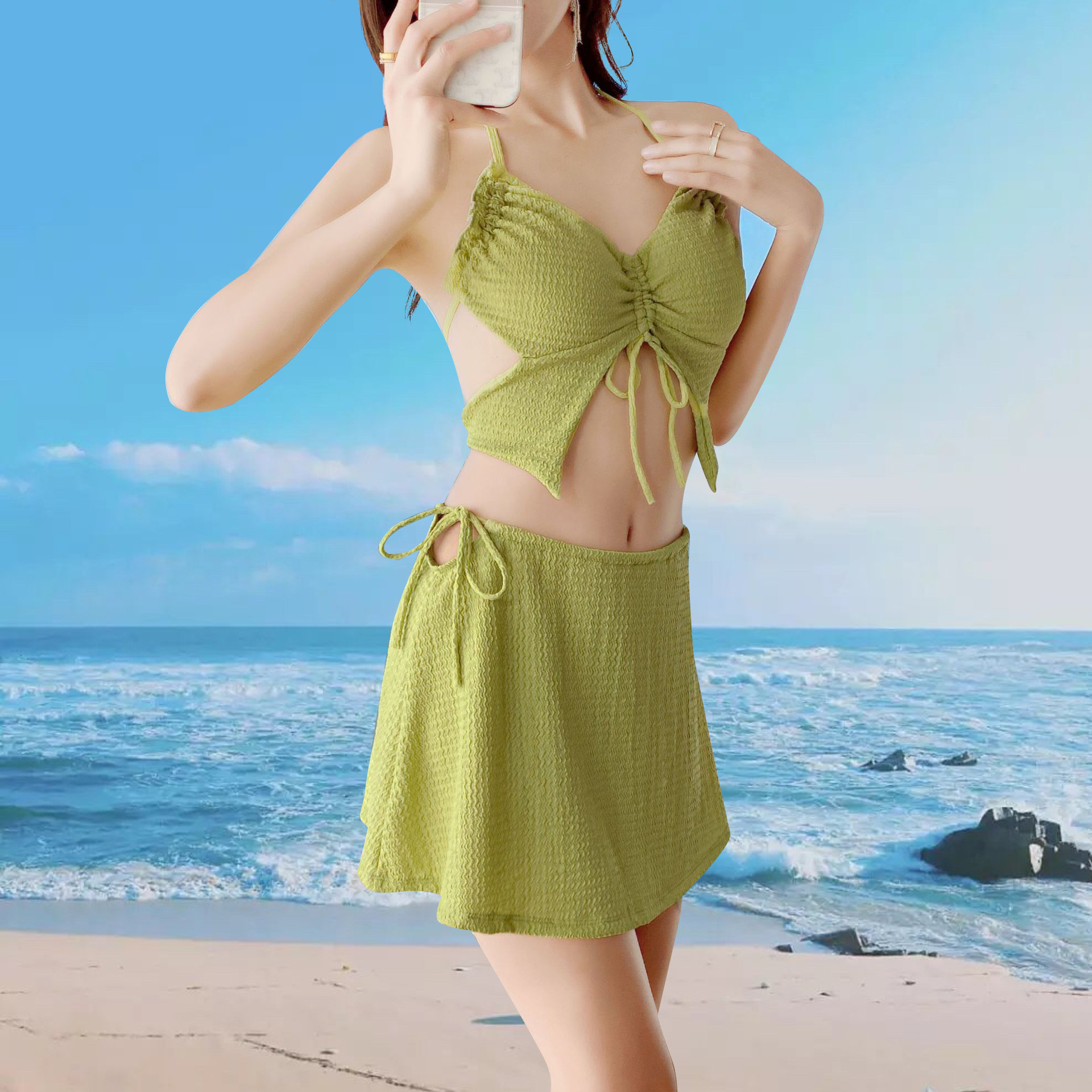 纯欲风分体裙式泳衣女绑带吊带小胸聚拢纯色度假泳池比基尼套装-107041 pic 9