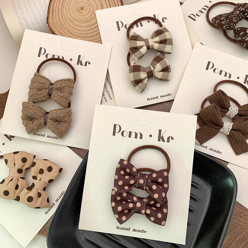 新款韩版布艺蝴蝶结发圈对装美拉德色系波点格纹宝宝高弹力发绳详情4