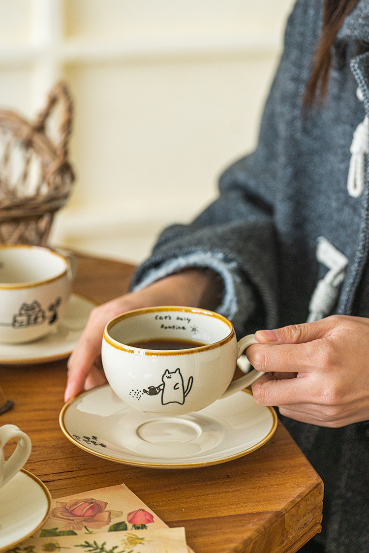 可爱卡通治愈插画日式猫咪陶瓷咖啡杯碟下午茶拿铁拉花杯高级感咖啡具套装详情8