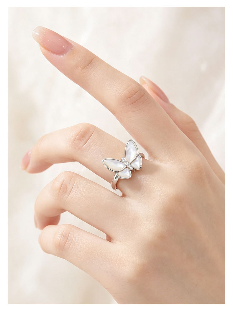 Factory direct supply of natural mother-of-pearl butterfly open ring, copper alloy, real gold electroplating, adjustable light luxury ring wholesale pic 7