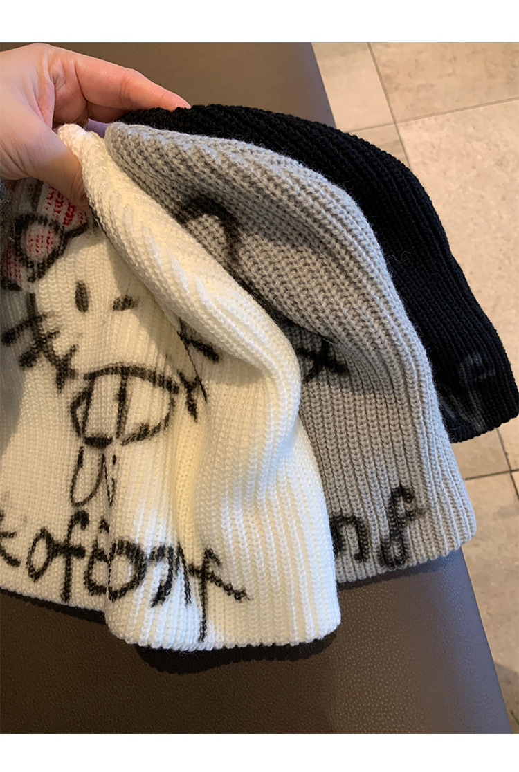 American hot girl kitty cat graffiti cold hat for women, warm knitted woolen hat for autumn and winter, face-showing small headscarf hat pic 10