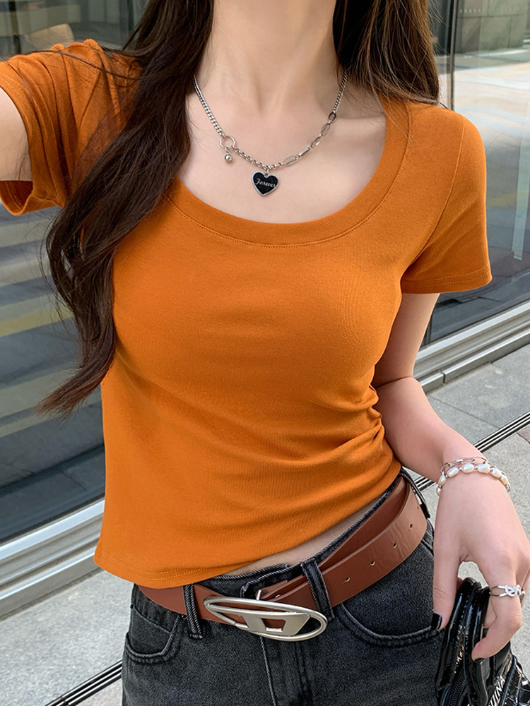 品质纯棉大U领短袖女修身正肩夏装显瘦低领内搭纯色t恤上衣打底衫详情15