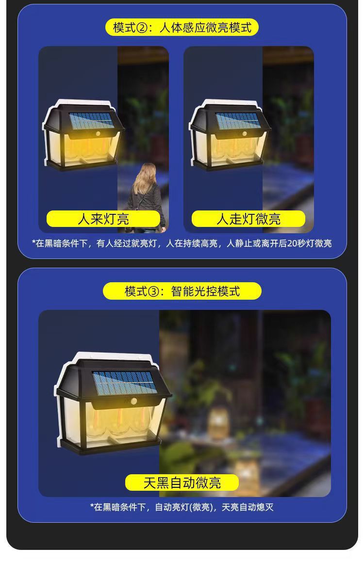 跨境新款彩光户外防水钨丝壁灯庭院照明感应灯花园小夜灯太阳能灯详情9