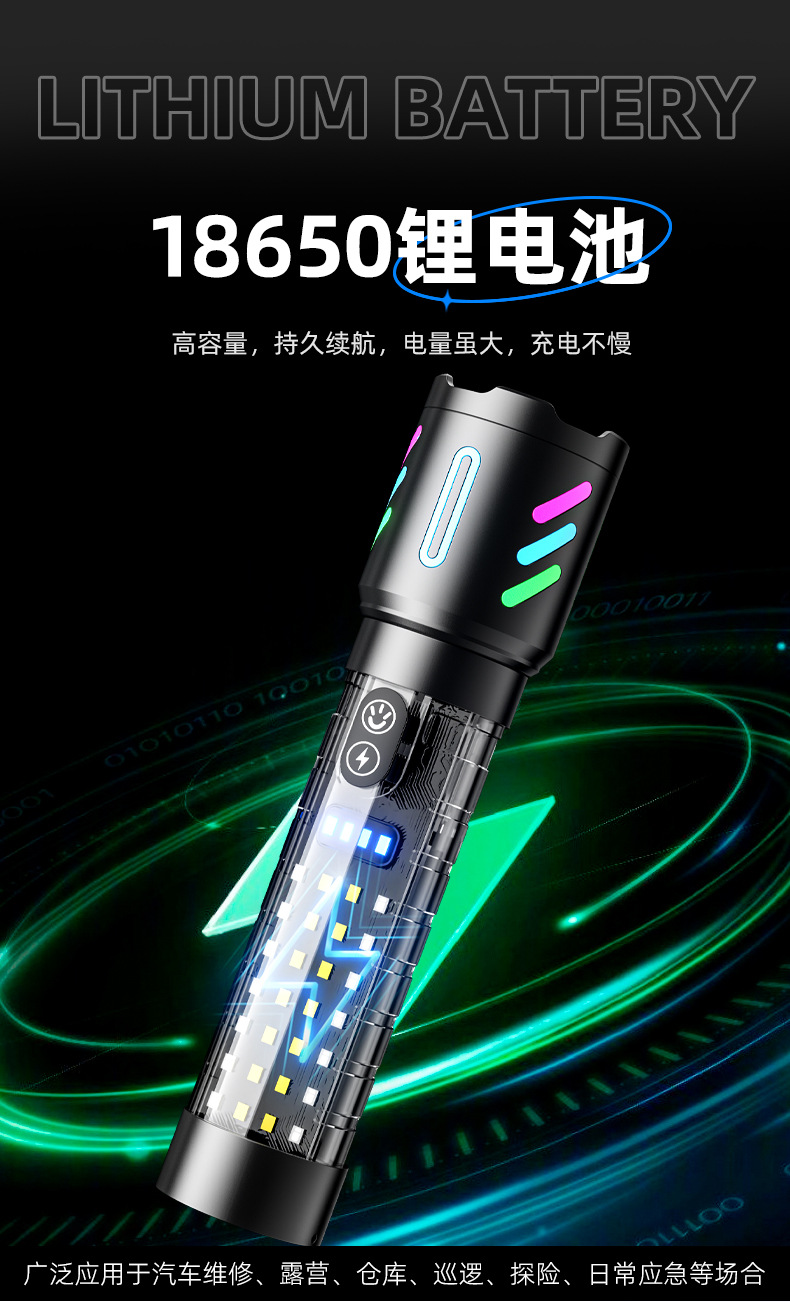 A new cross-border white laser long-range rechargeable flashlight with built-in battery, featuring a fluorescent strip and red and blue flashing outdoor flashlight pic 7