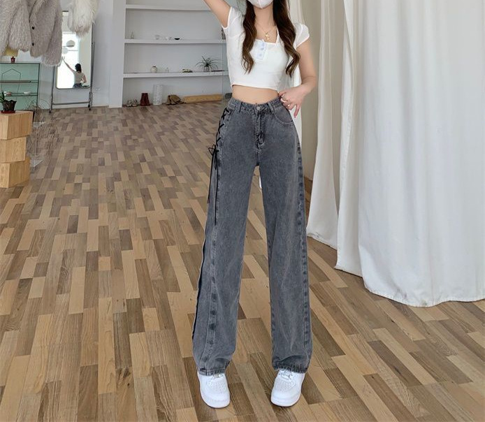 烟灰色直筒牛仔裤女2024春秋新款窄版阔腿裤高腰显瘦百搭烟管裤XH详情13