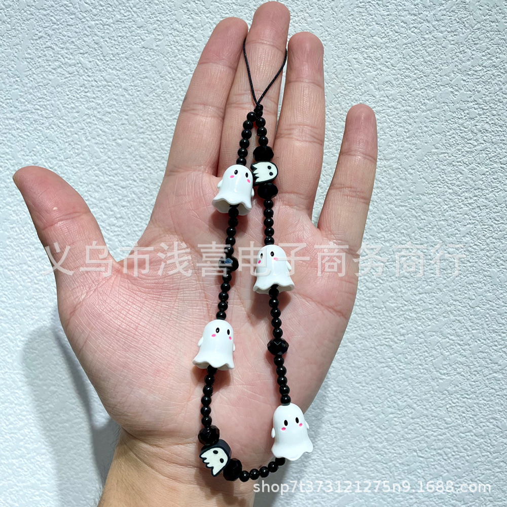 New Halloween ghost beaded mobile phone chain, bell, skull head mobile phone pendant, ins anti-loss mobile phone pendant pic 2