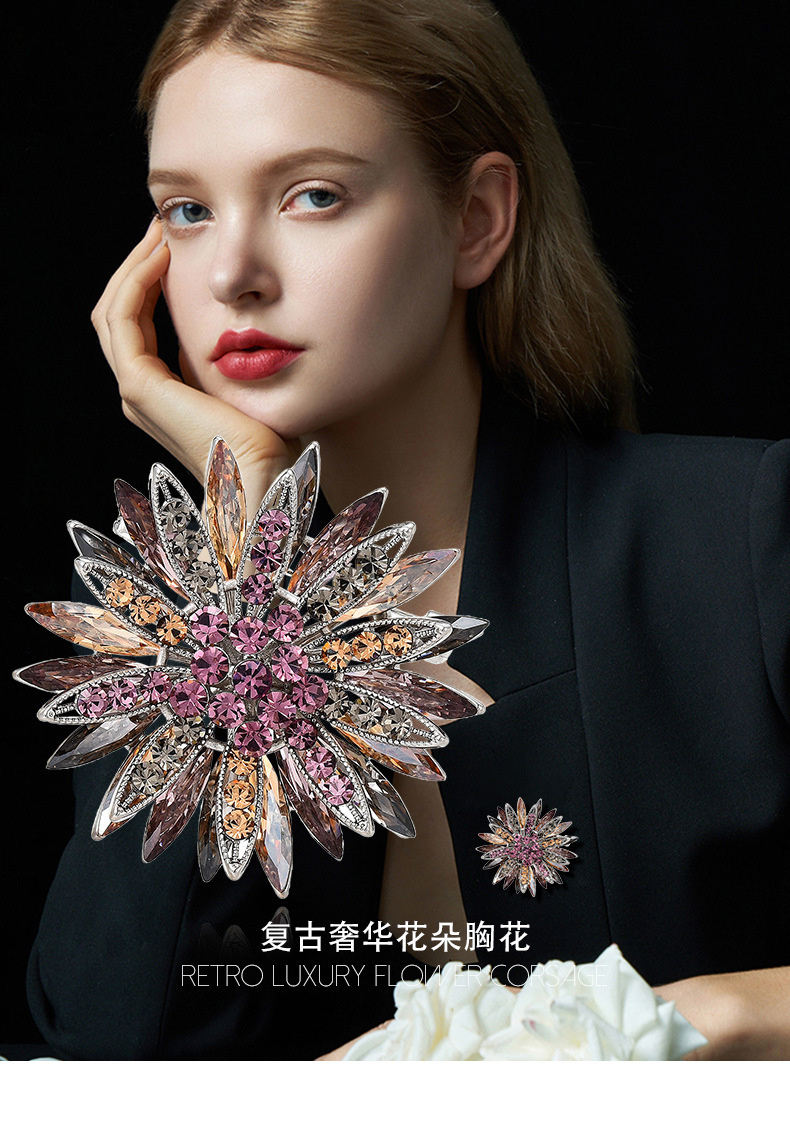 欧美精致重工太阳花胸针镶钻超闪锆石复古植物花卉胸花配饰详情10
