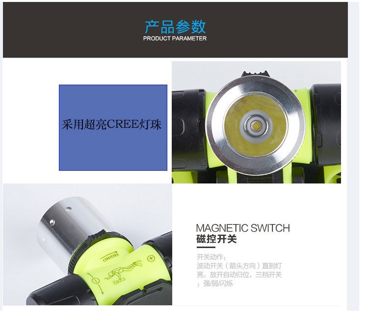 厂家销大功率 强光 潜水头灯T6 10W强光潜水灯强光头灯详情2