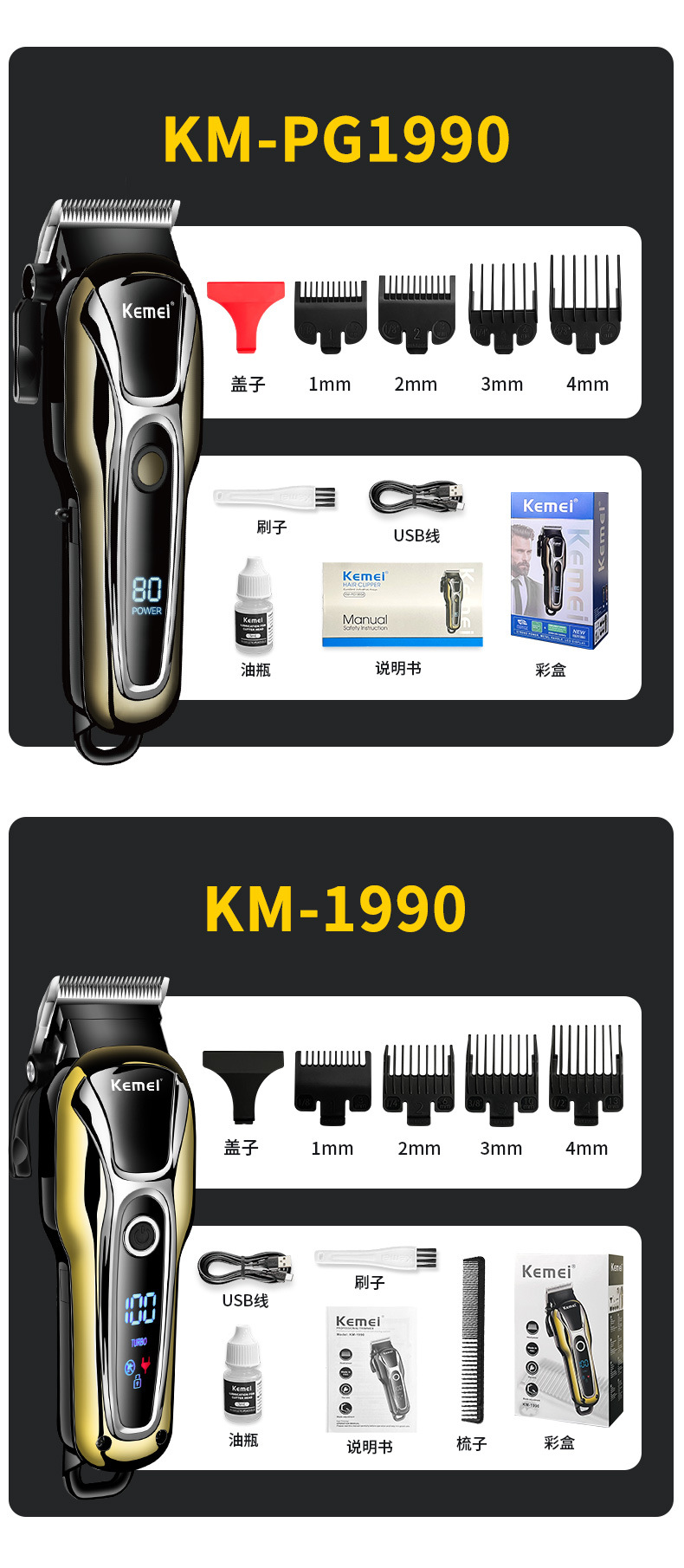 科美kemei发廊理发器宽电压数显电推剪静音油头电推子批发KM-1990详情11