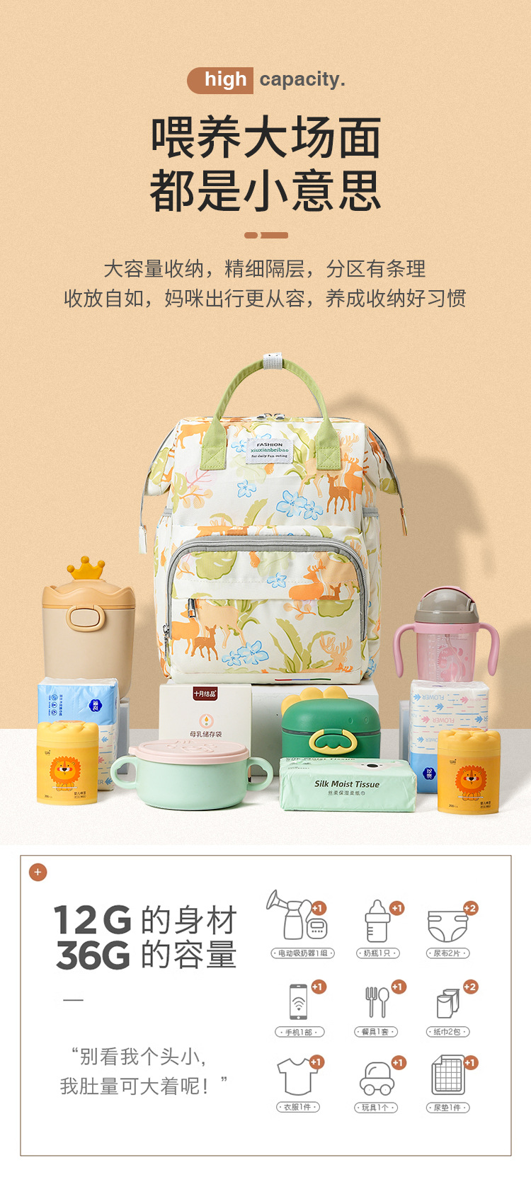 Cross-border large-capacity mommy bag, portable waterproof storage bag for taking kids out, multi-functional compartment maternity bag and baby bag pic 2