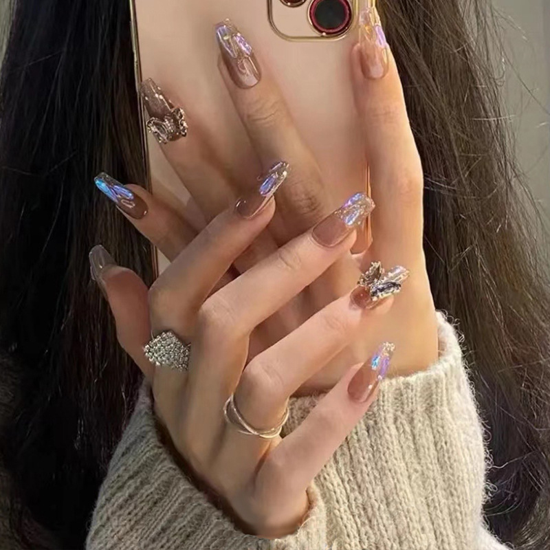 Wholesale of handcrafted wearable nails for Internet celebrities, medium and long heart-shaped diamond nail nail plates, nail patches, false nails, jelly glue pic 42
