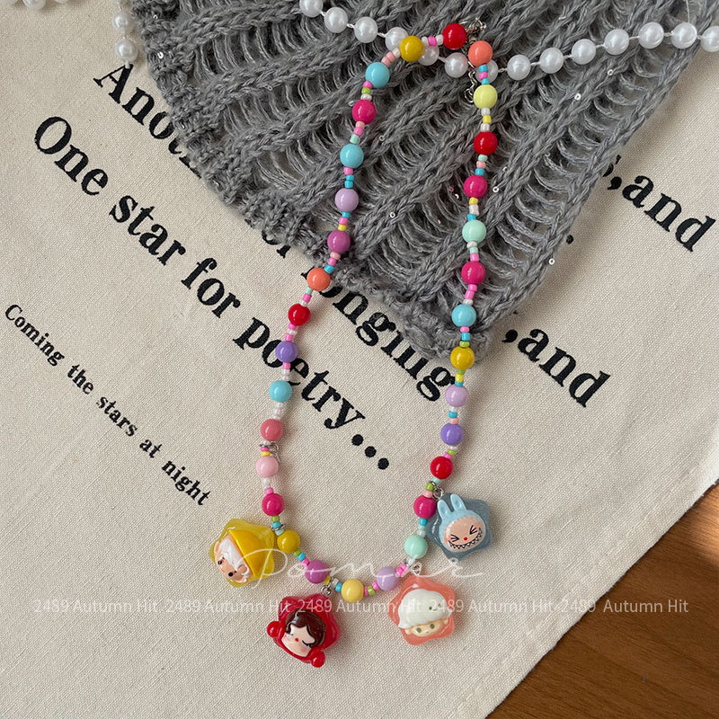 新款韩系卡通彩色珠珠项链手作儿童树脂草莓女孩挂脖饰品配饰趣萌女多彩串珠卡通形象吊坠项链 童系 多款可爱造型少女心装饰颈详情9