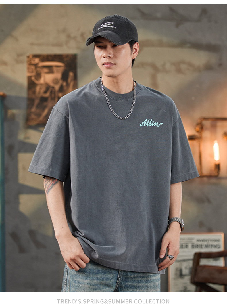 ALLIN pure cotton heavy-duty short-sleeved T-shirt for men, a summer trendy brand with three-dimensional printed letters and loose round-neck couple tops pic 13