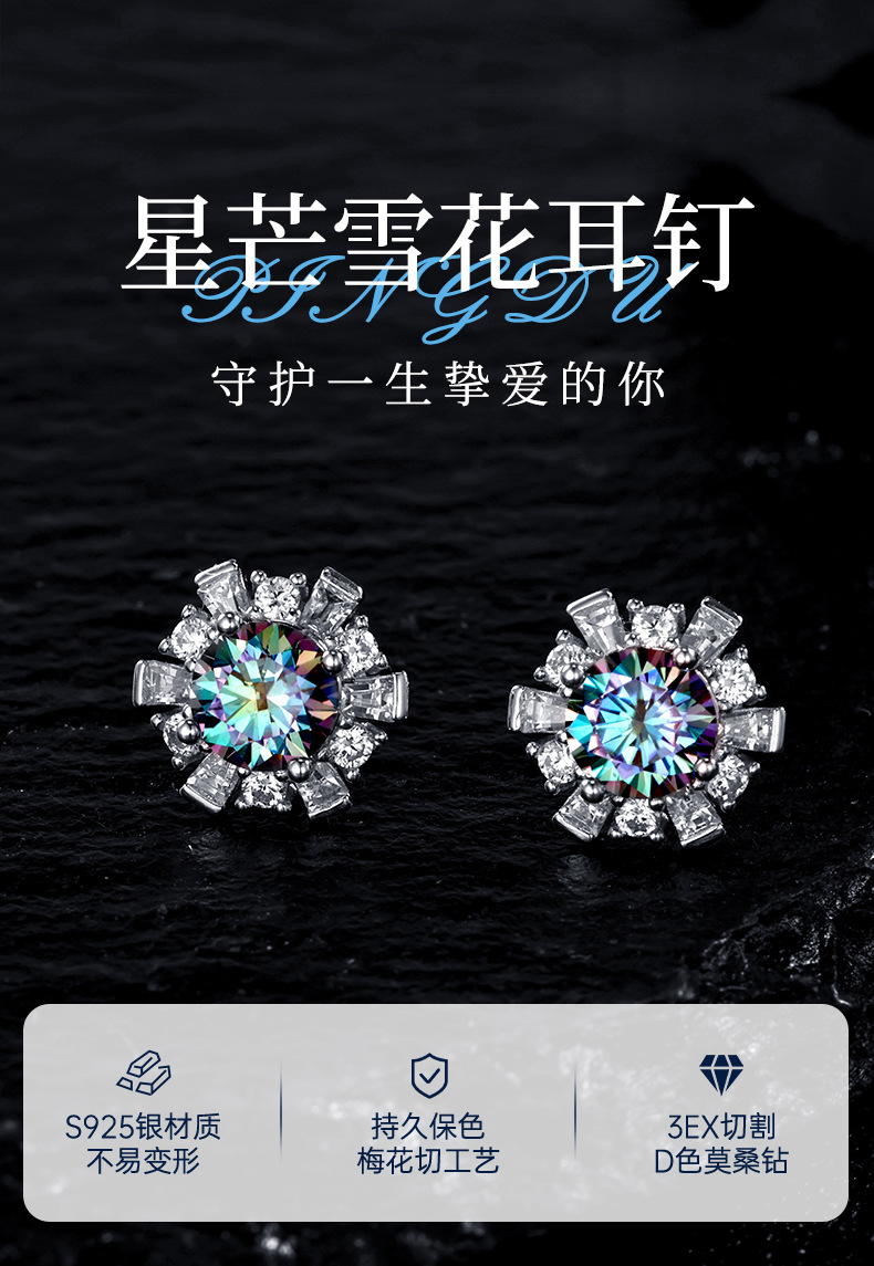 Zhuoheng Select s925 pure Silver 50-point white Moissan stud earrings for ear piercing, snowflake high-end style, autumn and winter versatile earrings pic 1