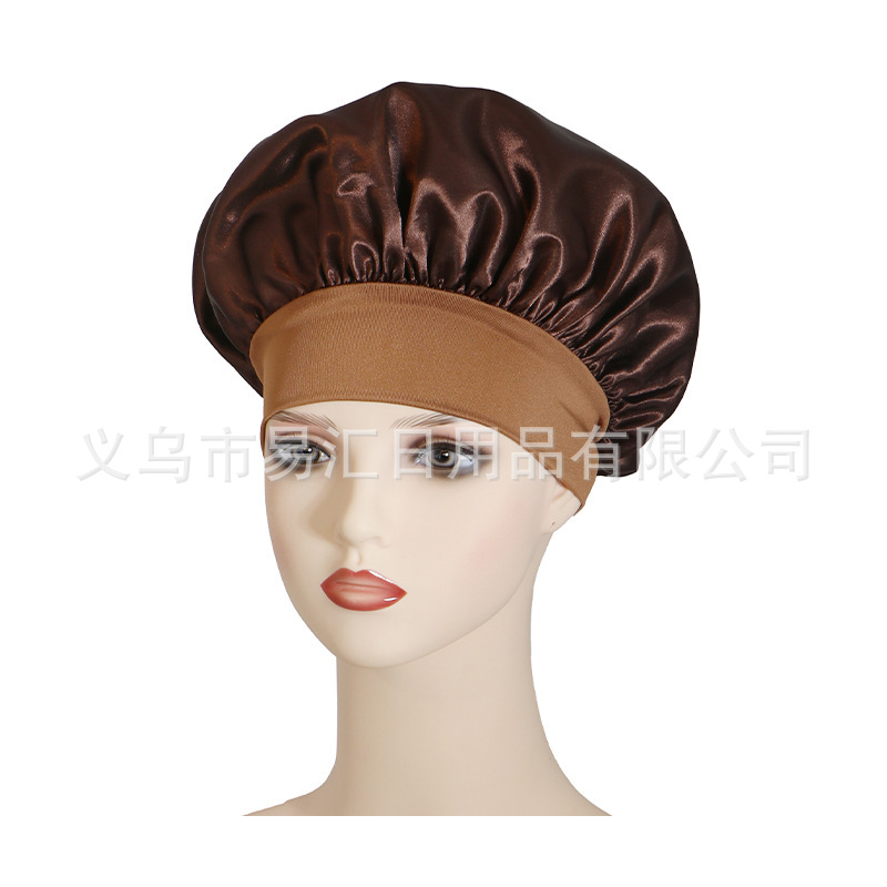 跨境热卖纯色宽边弹力成人睡帽 男女时尚护发美容浴帽色丁帽详情8