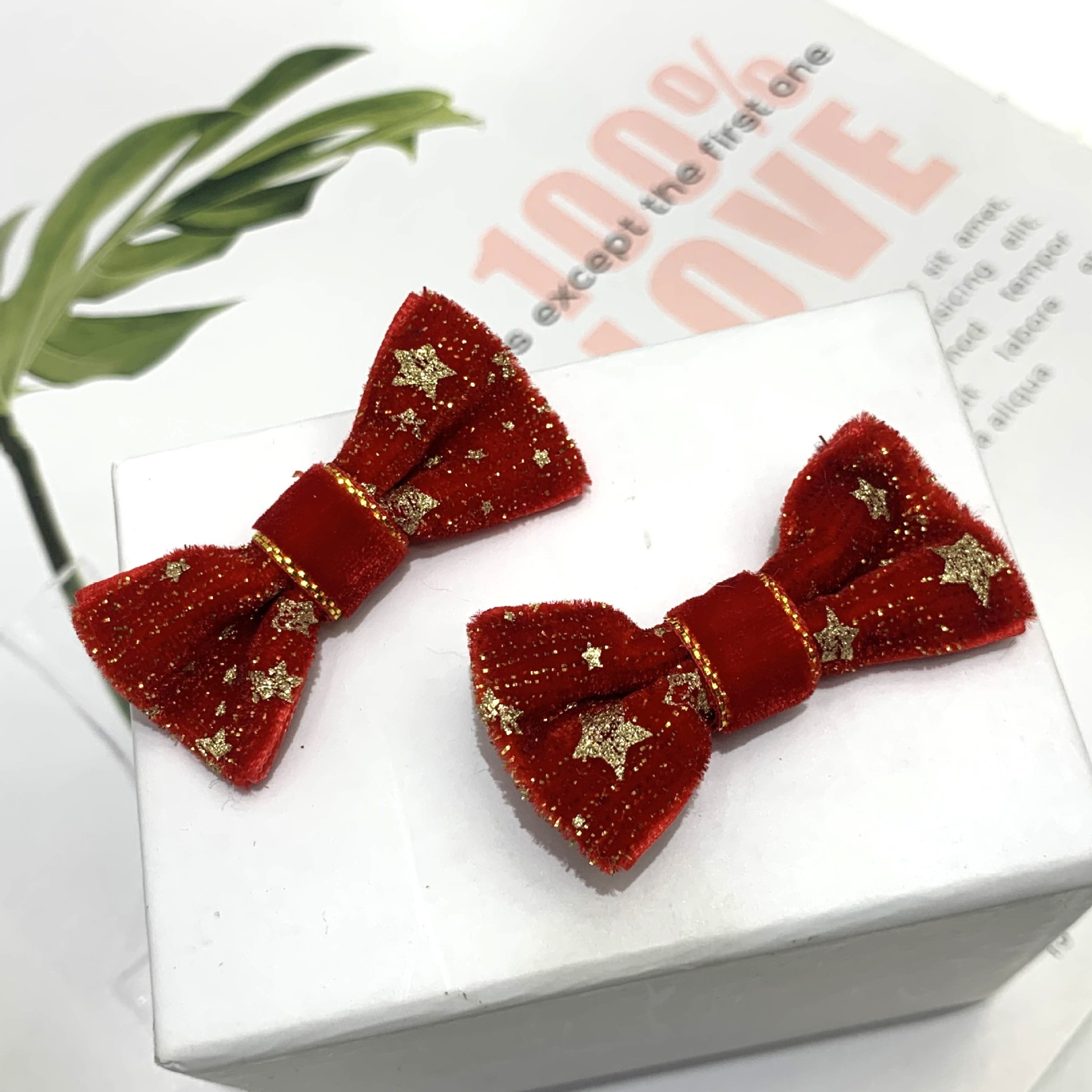 新春款儿童春节喜庆千鸟格天鹅绒织带蝴蝶结毛绒发夹头绳配饰 精美耐用时尚可爱详情4