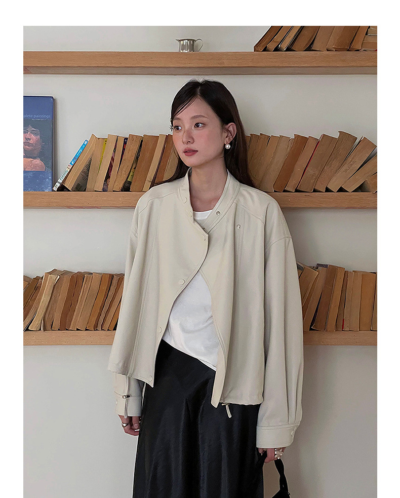 【歌铭】韩系通勤立领皮衣夹克女春季新款复古机车服短外套W733B详情21