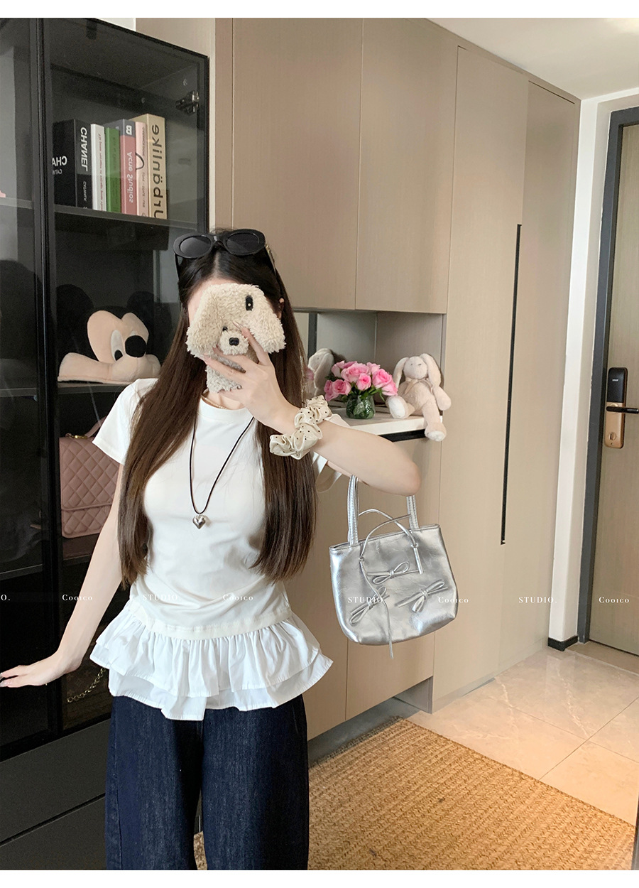 法式荷叶花边下摆拼接白色短袖t恤女夏季设计感修身正肩小衫上衣详情8